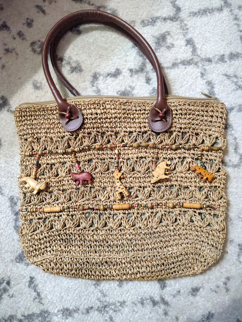 Cappelli Tote Bag with Brown Handles and Animal Bead Accents